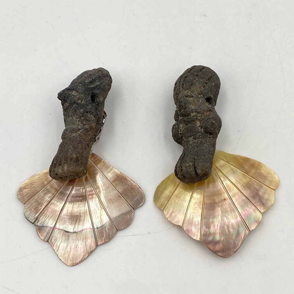 Unique Lava Stone? & Mother of Pearl Clip On Earrings, Rock & Abalone Earrings